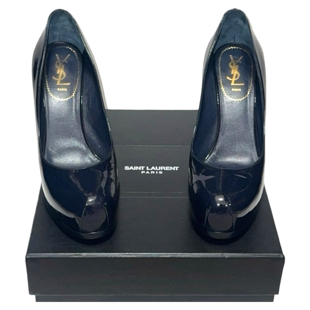 SAINT LAURENT Tribtoo 80 Patent Navy Blue Leather Heel Round Toe Pumps Size 40 - Picture 2 of 16